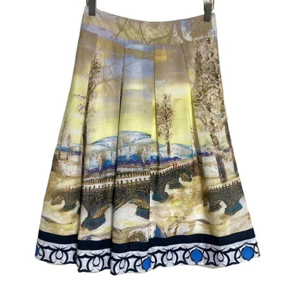 Miss Finch Pleated Skirt Winter Landscape Bridge Trees Art Print‎ Women's Size S
